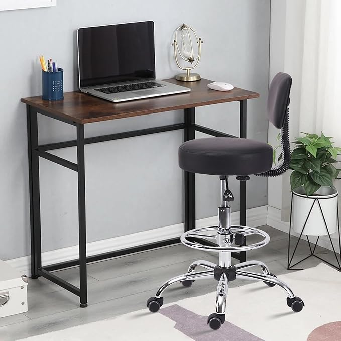 Drafting Stool Chair with Ergonomic Backrest & Footrest, Padded Leather Seat Adjustable Height 360° Swivel Rolling Stools, Tall Office Chair for Standing Desk, Spa, Counter, Medical, Black