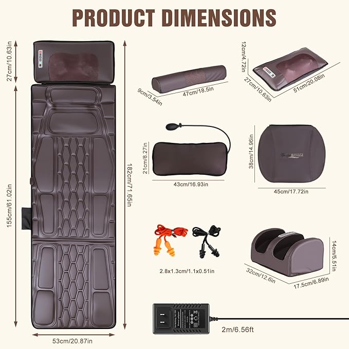 Full Body Massage Mat with Heat, Detachable Shiatsu Neck and Foot Massager, Vibration Massage Mat for Back Pain Relief, 9 Modes 3 Timers, Inflatable Lumbar Pillow, Home Office Gift for Men Women
