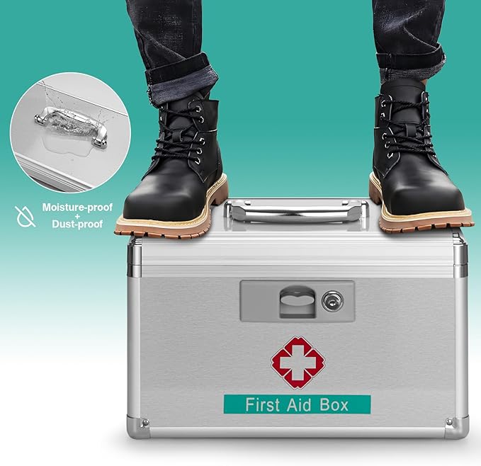 Metal Medicine Storage Box with Key, 10 x 6 x 6.7” First Aid Box Lock For Medication, Smell Proof Box Empty Organizer for Home, Dorm, Office