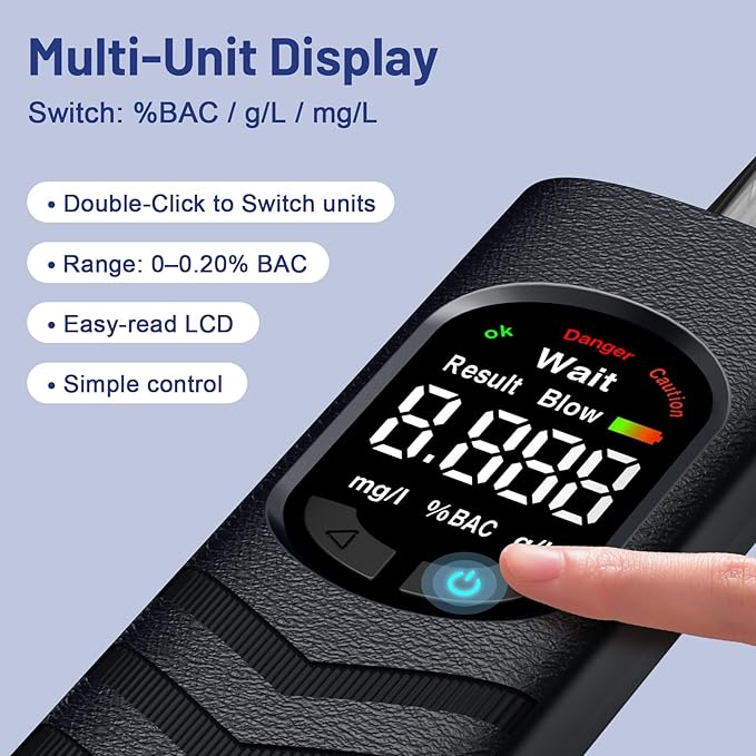 Breathalyzer Alcohol Tester, USB-C Rechargeable Breath Alcohol Tester with Color LCD Display, Semiconductor Sensor, 20 Mouthpieces, Portable Pocket Device for Home, Parties, Car Safety Checks Grey