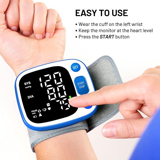 Oklar Blood Pressure Monitors for Home Use Rechargeable Wrist Digital BP Machine Cuff with LED Backlit Display, Voice Broadcast, 240 Memory Storage for 2 Users with Carrying Case, Blue