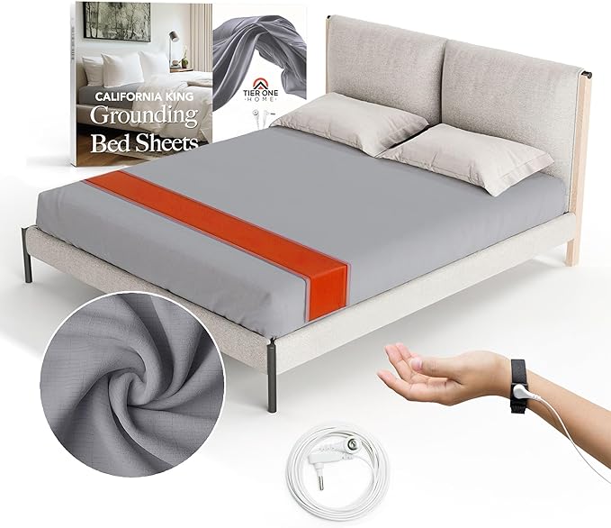 Fitted Grounding Sheets for Earthing, 5% Silver Fiber + 95% Certified Organic Cotton for Better Sleep and Pain Relief. Deep Pockets. Includes Grounding Wristband & Cords (Cali-King)