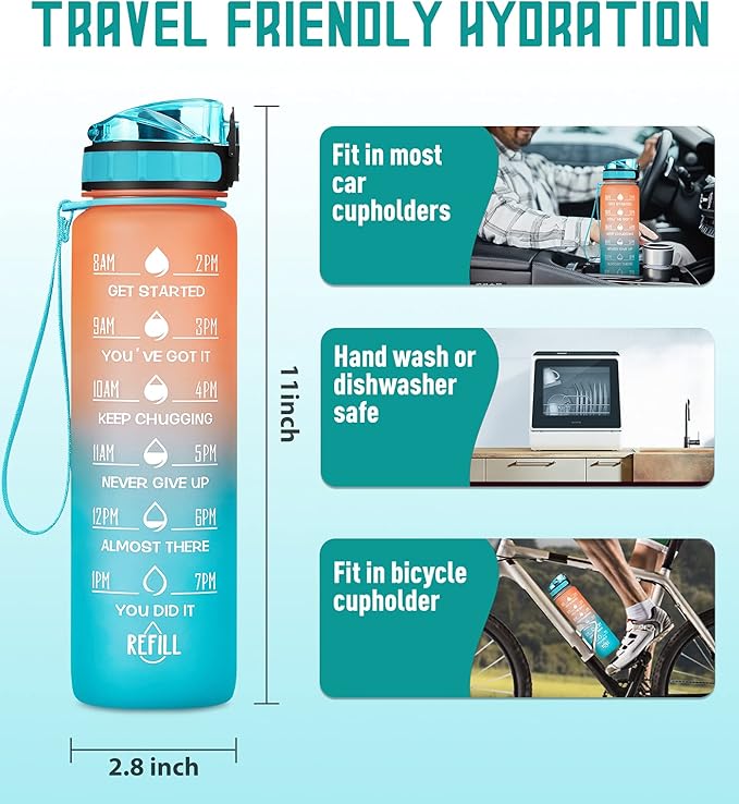 Motivational Water Bottle with Time Marker and Fruit Strainer, Leak-Proof, BPA Free, Non-Toxic, with Carrying Strap, Perfect for Fitness, Gym and Sports