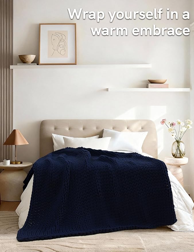 YnM 100% Cotton Weighted Blanket, Handmade Chunky Knitted Throw, No fillers Design, Soft and Breathable, Machine Washable Bed Blanket for Sleep or Home Decor (Navy Blue, 60x80 Inch, 25lbs)