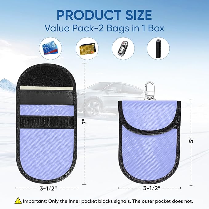 TICONN 2PK Faraday Bags for Car Keys Fob, 3.5"X5.0" Faraday Cage Protector, Car RFID Signal Blocking, Anti-Theft Pouch Anti-Hacking Case Blocker (Blue, M)