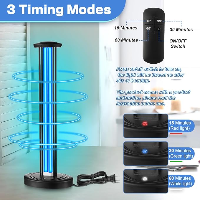 Qualirey 100W UV & Ozone Sanitizer, High Power Room Disinfection Light with 3 Level Timer & Remote, Whole Room Disinfection for Large Spaces, Offices & Basements