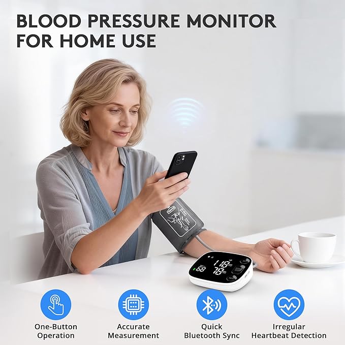 Blood Pressure Monitor Automatic Upper Arm BP Machine for Home Use with Bluetooth App Sync 2x120 Memory Accurate Reading, Large LED Backlit Display Adjustable Cuff 8.7"-16.5" with Storage Bag