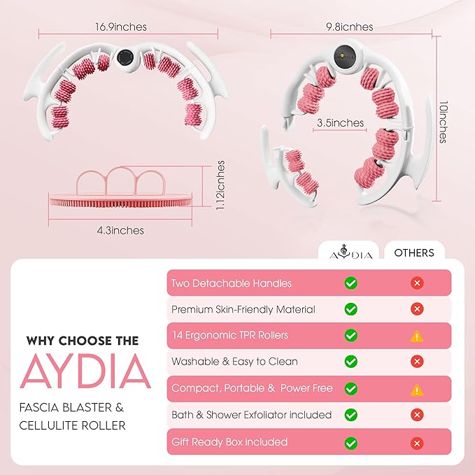 Cellulite Massage Roller, Fascia Blaster, Lymphatic Drainage Massager, Relieve Muscle Soreness, Body Sculpting Tool with Detachable Handles for Thighs, Legs, Buttocks, Gift Exfoliating Brush (Pink)