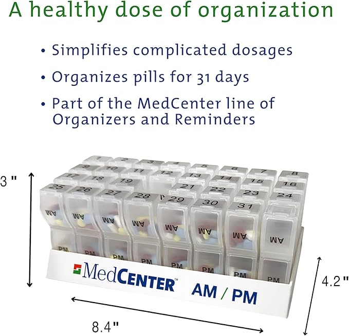 MedCenter AM/PM Pill Organizer HSA/FSA – 31 Day Monthly Pill Box with 2 Daily Compartments (AM & PM), Easy-Open Lids, Bonus Pill Box & Tweezers – Medication Organizer for Vitamins & Prescriptions