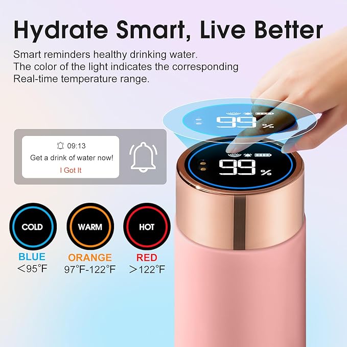 Vsitoo Smart self cleaning Insulated Water Bottle, 15oz Stainless Steel Vacuum Flask, AI Self-Clean, 30-Day Battery Life, BPA-Free, Magnetic Charging, Portable Travel Mug Gifts for Men Women, Pink