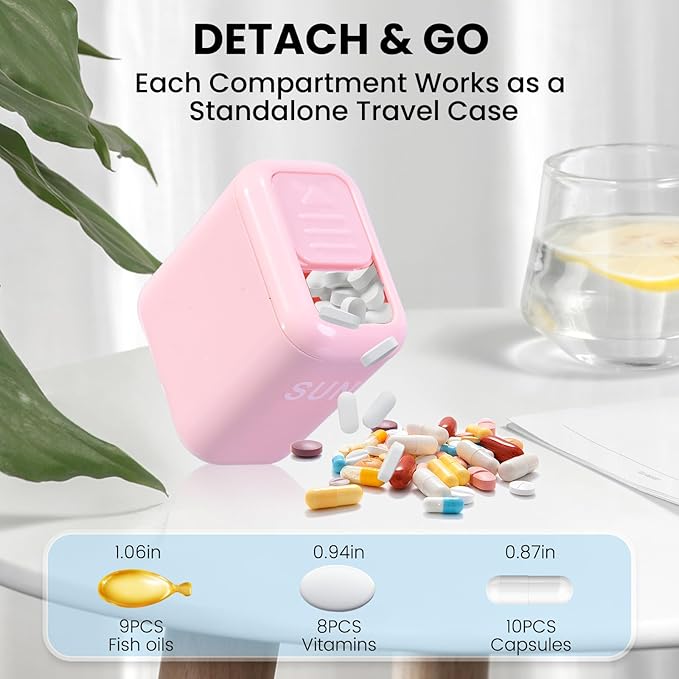Weekly Pill Organizer with Taken/Untaken Tracker – Never Forget or Double-Dose Your Medication, Large Daily Compartments for Vitamins & Supplements, Vitamin, Pink