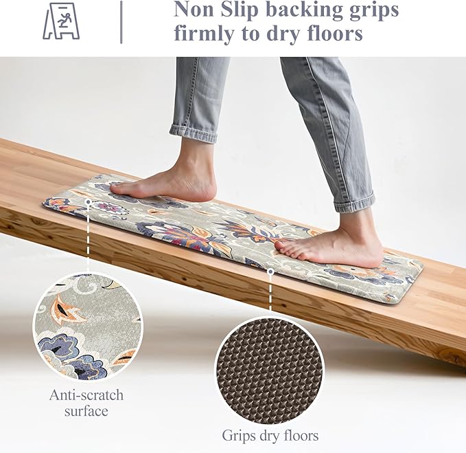 LEEVAN Anti Fatigue Mats for Kitchen Floor 2 Piece,Cushioned Memory Foam Blue Gray Kitchen Mats for Floor,Comfort Floral Boho Non Slip Kitchen Floor Mat for Sink,Laundry(17.3''x29''+17.3''x59'')