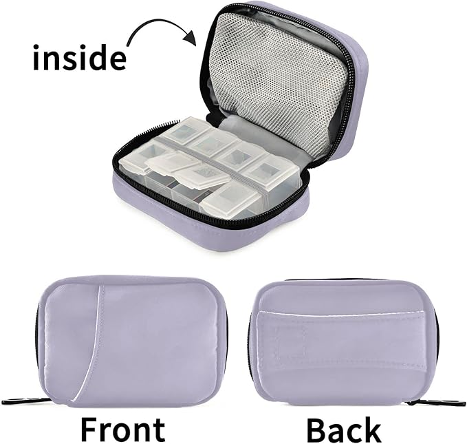 Naanle Pill Box 7 Day Case Travel Organizer Bag with Zipper Portable Weekly Compact Size for Vitamin Supplement Holder, Solid Color Lavender Purple, 4.6 x 3.14 1.88 Inch, 0.12 kilograms