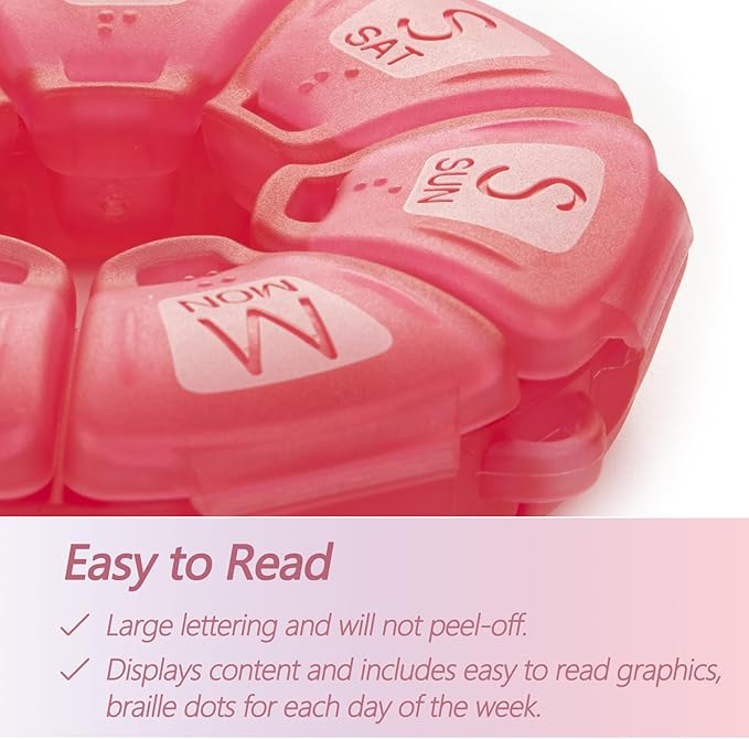 Round Weekly Pill Organizer, TPU Rubberized, Travel Pill Container 7 Day, with 7 Large Compartments, Great for Daily Vitamins & Supplements, Cute Pill Case with Large Letters and Braille (Rose)