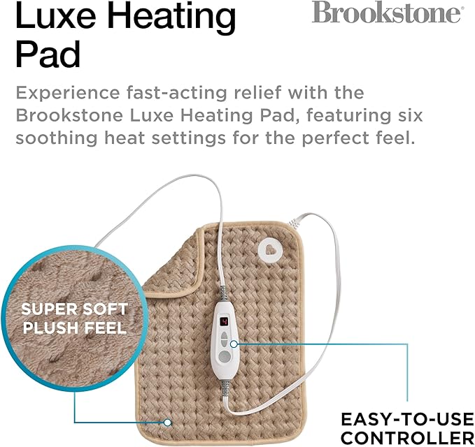 Brookstone Herringbone Portable Heating Pad - Super Soft Plush, 6 Heat Settings, Machine Washable, Easy-to-Use Controller, 16'' x 12'' for Pain Relief, Period Cramps, Warmth (Taupe)