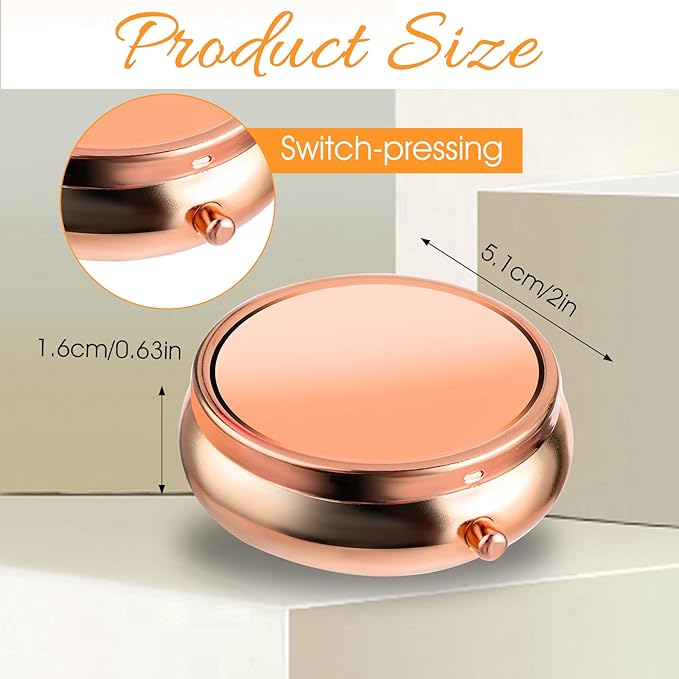 Pill Box Cute Small Pill Box for Purse & Pocket Medicine Organizer Travel Pillbox Waterproof Pill Case Metal Pill Container Holder for Vitamins, Fish Oil, Supplements (Rosegold)