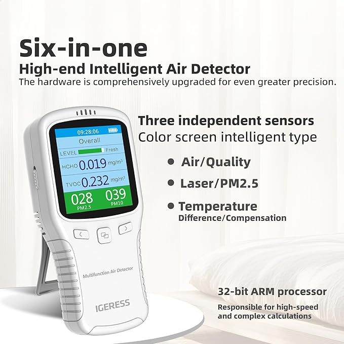 Air Quality Monitor Indoor, 8 in 1 Formaldehyde Detector, voc Meter, Detect Indoor HCHO,TVOC,AQI,PM2.5,PM10,PM1.0,Temperature and Humidity Tester. Colorful LCD Screen & USB Charging (White)