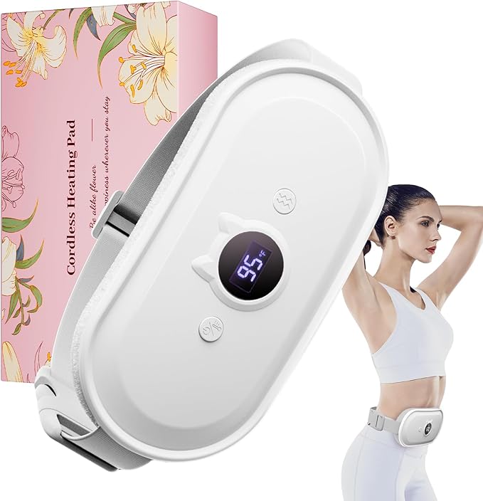 Portable Heating Pad for Period Cramps Relief Vibrating Menstrual Heating Belt for Women, 5000mAh with 7 Heat Levels and 7 Modes for Menstrual, Pain Relief for Back & Stomach - White