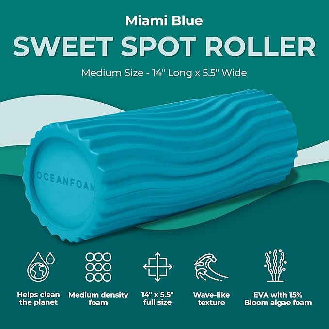 Oceanfoam Sweet Spot Medium Exercise Foam Roller 14"x5.5" – Medium Density Travel Foam Roller for Physical Therapy, Deep Tissue Massage, Yoga, Pilates, Classic Exclusive Wave Texture (Miami Blue)