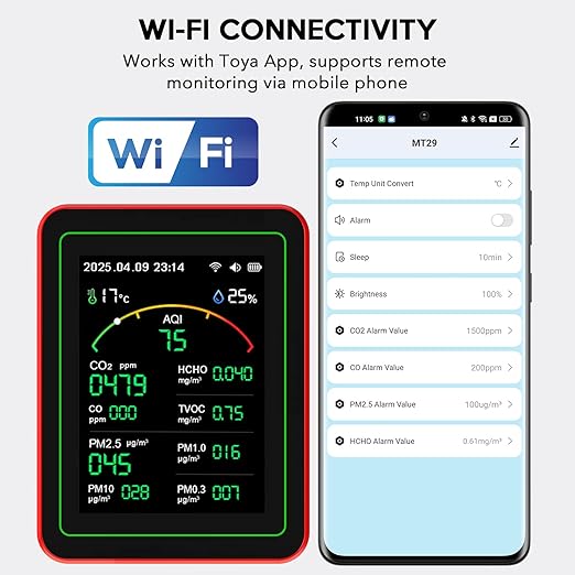 Air Quality Monitor Home Indoor - 15-in-1 Professional Air Meter with HCHO, CO2, PM, TVOC, AQI, Temperature & Humidity, Real-Time Display, App Control, Portable, Accurate for Home & Office Use