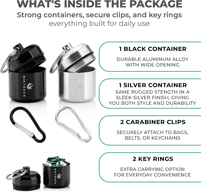 PillPort - Portable Keychain Pill Holder Case Discreet Waterproof Mini Pill Container Carrier with Strong Carabiners for Pocket Purse Travel Bags Aluminum Alloy Pill Fob Box for Medicine Jewelry 2pk