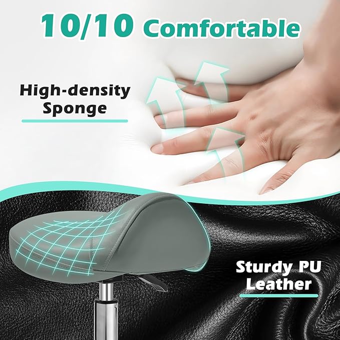 Saddle Stool with wheels Ergonomic - Heavy Duty 400lbs, Upgraded Thick Saddle Cushion, Healthy Posture Correction, Swivel Adjustable Rolling Saddle Stool, Saddle Chair for Salon Massage Home (Gray)