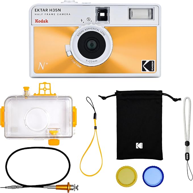 KODAK EKTAR H35N Half Frame Film Camera, 35mm, Reusable, Focus-Free, Bulb Function, Built-in Star Filter, Coated Improved Lens (Film & AAA Battery are not Included) (Glazed Orange, Premium Kit)