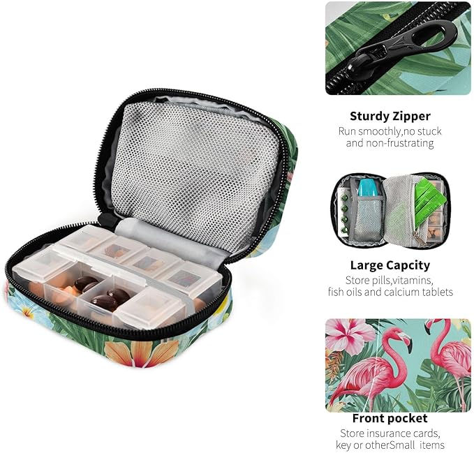 Tropical Flamingo Palm Leaves Pill Organizer Case Summer Floral 7 Day Travel Pill Box with Zipper Portable Weekly Vitamin Medicine Supplement Holder Pouch Bag