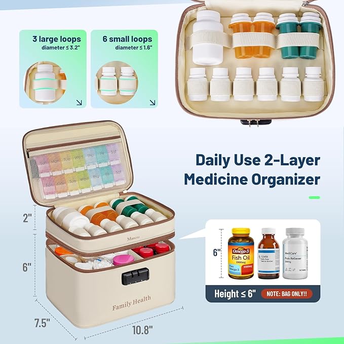 Mancro Lockable Medicine Bag, 2-Layer Pill Bottle Organizer Storage with Adjustable Dividers, Medication Travel Case for Pills, Vitamins & Supplements, Medicine Organizer for Dorm, Home Use and Trips