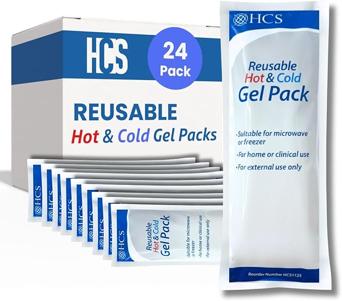 HCS Bulk Gel Ice Packs for Injuries, Reusable - Hot and Cold Pack for Pain Relief - Soft, Flexible Ice Pack, Reusable Gel Packs - Body Heat/Cold Compress - Freezer, Microwavable, 4x10in (24Pk)