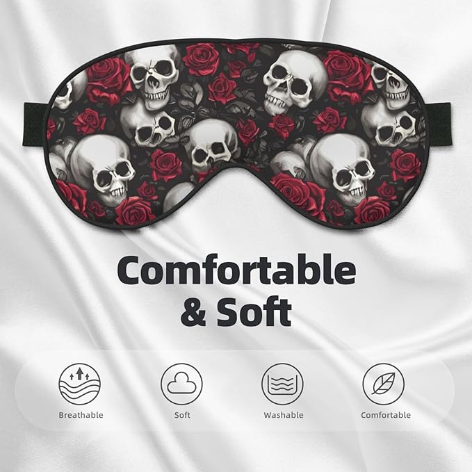 Skulls and Red Roses Sleep Mask Eye Mask with Adjustable Strap Eye Sleep Shade Cover Blocks Light for Women Men Airplane Travel Nap