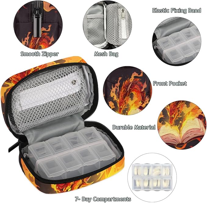 Magical Book Dragon Pill Box 7 Day Travel Pill Organizer for Adult Elder Child Pill Case with Zipper Magic Portable Weekly Case Compact Size for Vitamin Supplement Holder