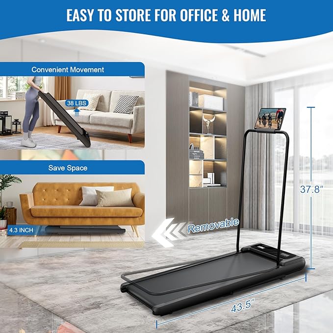 Treadmill with Handles, 2.5HP Walking Pad Treadmills with Handle Bar, Under Desk Treadmill with Remote Control LED Display, Electric Treadmills for Home Small, 270LBS Capacity