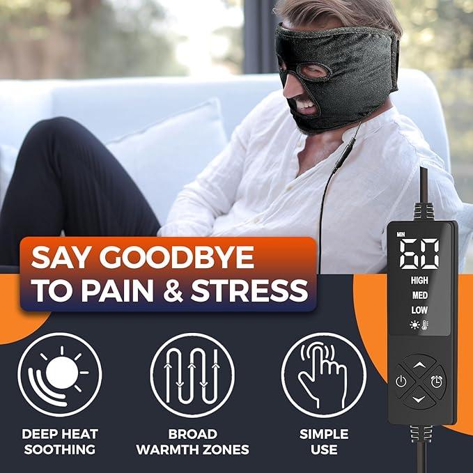 EX-Large Heated Face Mask with Eye Cutouts for Sinusitis, TMJ, Tension Headaches with 3 Heat & 5 Timer Settings, Electric Heating Pad for Face Full Coverage Moist Heat Therapy