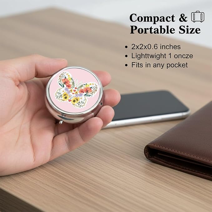 Round Pill Case Small Pill Box with Mirror Pocket 3 Compartment Vitamin Pill Medicine Case Organizer Pill Containers for Traveling Butterfly Flower Sunflower