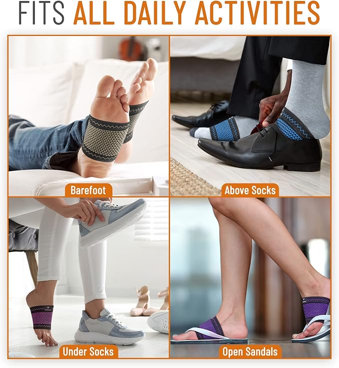 Copper Arch Support for Plantar Fasciitis. 2 Half Socks/Sleeve Compression Brace for Women and Men. Orthotics Feet Pain Aid Fit for Flat/High/Fallen Arches - Purple Arch Support
