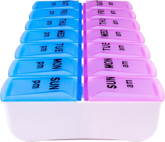 Apex Weekly AM/PM Medication Dispenser, 7-Day Twice-A-Day Pill Organizer with Easy-Open Lids (Color May Vary)