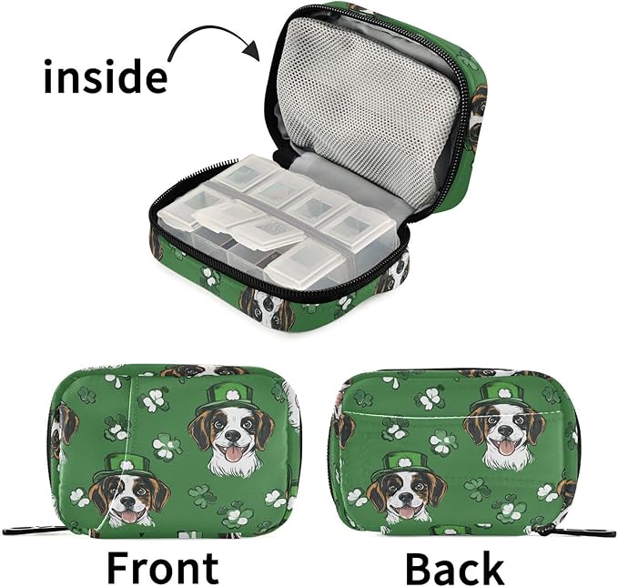 Fustylead Hand Draw St. Patrick's Beagle Dogs and Clover Travel Pill Organizer Bag with Zipper Small Pill Box 7 Day Pill Case for Purse Storage Weekly Vitamin Medicine Supplement
