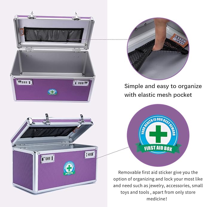 Locking Box with Portable Storage Case, 14.2''x 7.2''x 8.2''，Childproof Medication Lock Organizer, Lockbox for Documents，Medicine & Valuables (Purple/Large)