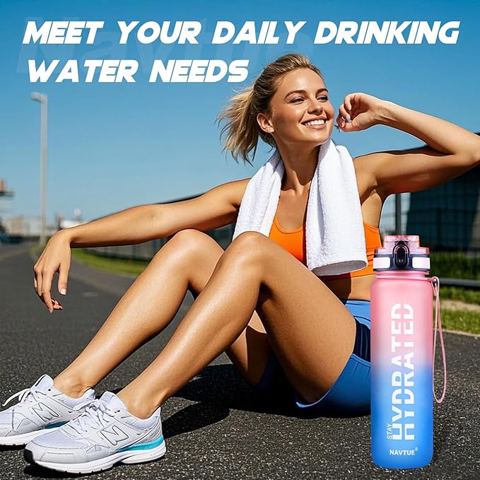 Water Bottle, 32oz Sports Water Bottles with Time Marker Wide Mouth, Motivational and Leakproof Drink Bottle, BPA Free Tritan with Carry Strap for Gym Fitness Outdoor(1 Bottle)