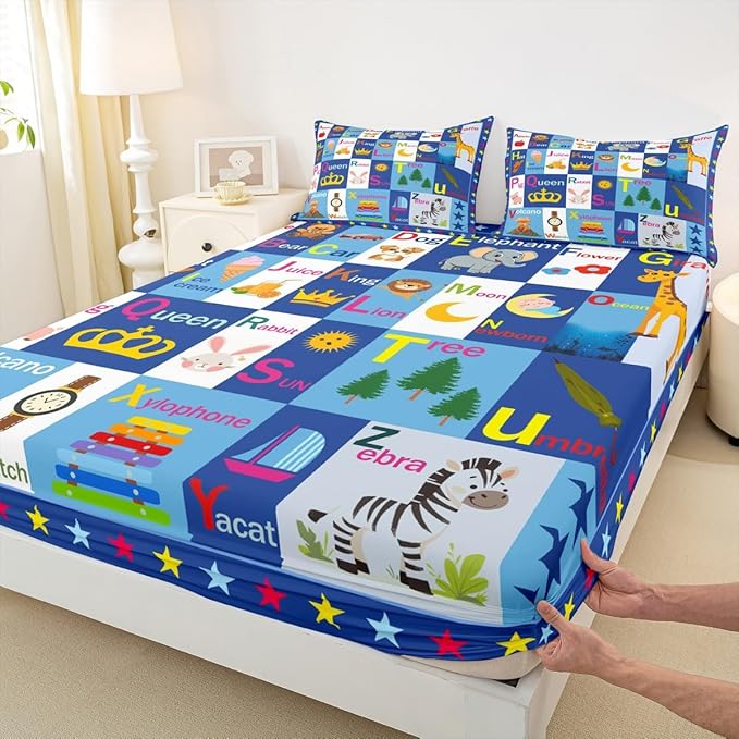 Feelyou Kids ABC Alphabet Bed Sheet Set Full Size, Educational Fitted Sheet Boys Girls Learning Bedding Set Teens Bedroom Decor with 2 Pillow Case (No Flat Sheet)