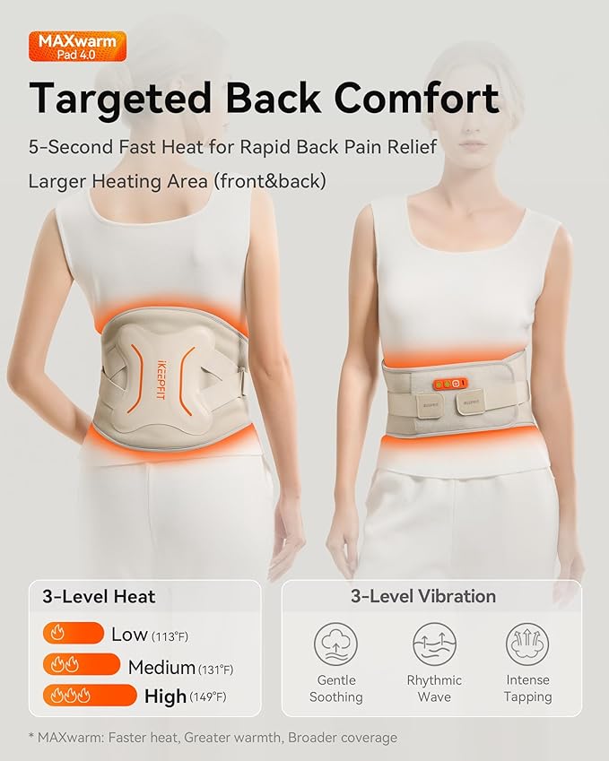 Cordless Heating Pad with Massager for Back Pain Relief: MAXwarm® 4.0, Portable Heated Back Brace with Lumbar Support for Sciatica, Large 8000mAh Battery, for Women Men 70" Beige