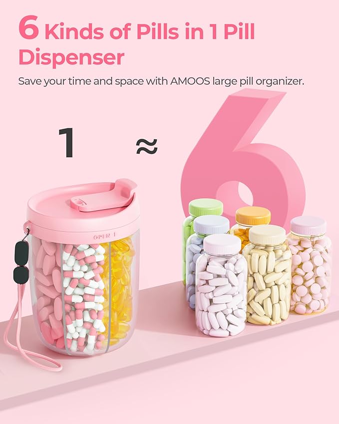 Large Pill Dispenser with 6 Compartments, Anti-Mix Pill Bottle Organizer with Wide Opening & Easy Retrieval, Vitamin Organizer for Travel, BPA-Free Pill Box with a Strap, Pink