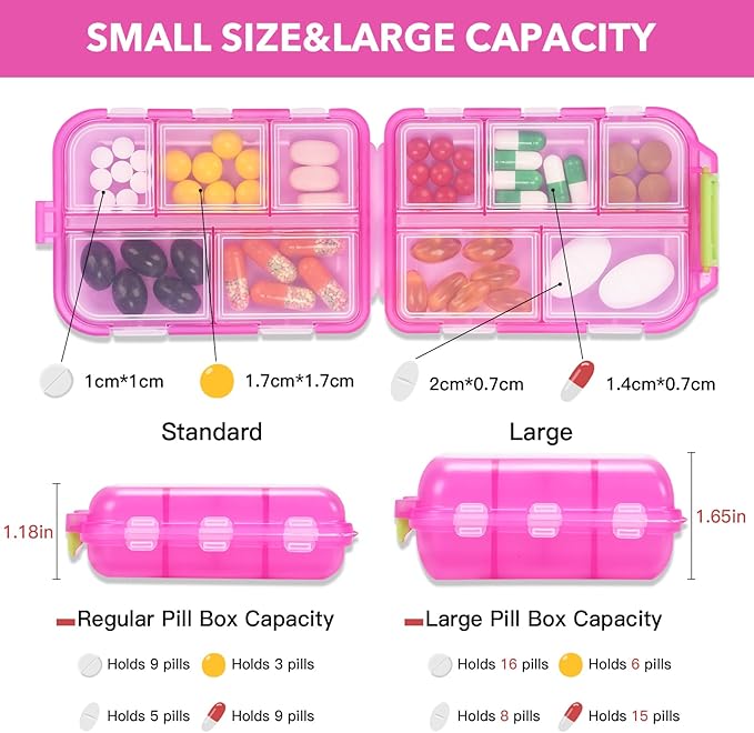 Large Travel Pill Organizer with Medicine Labels, 10 Compartments Travel Pill Box Medicine Organizer Purse Pill Case Daily Pill Container (Pink, 189 Lables)