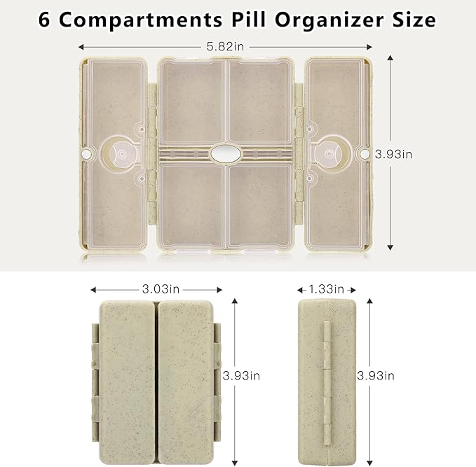 FYY Travel Pill Organizer with Blank Lables,6 Compartments Magnetic Pill Organizer Pill Box for Purse Pocket to Hold Vitamins,Cod Liver Oil,Supplements and Medication-Khaki
