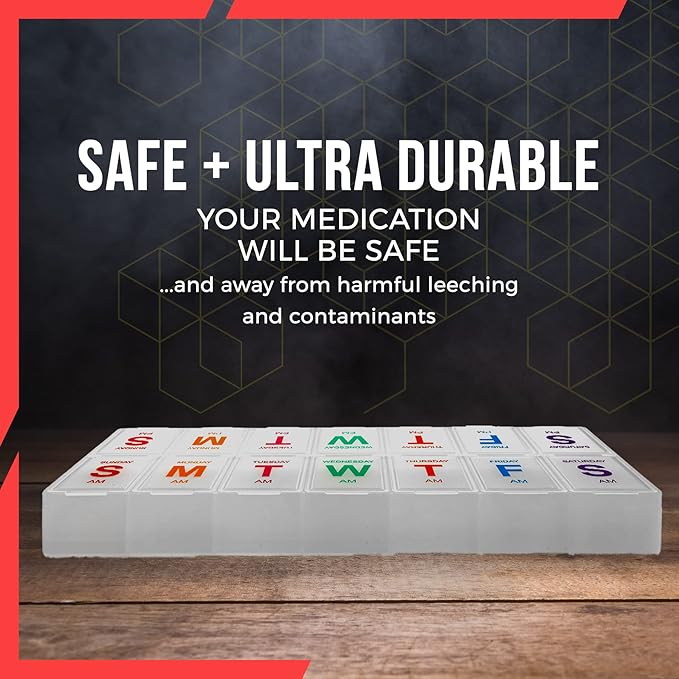 Extra Large Pill Organizer - Pill Box 7 Day Weekly Pill Organizer 2 Times a Day and AM PM Daily Pill Organizer Case for Medication Pills and Supplements with Braille and Bright XL Easy to Read Colors