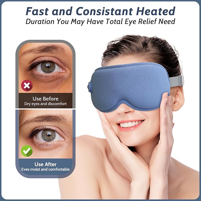 Cordless Heated Eye Mask,Light Blocking 3D Sleeping Eye Mask with Adjustable Heat, Vibration and Timer Settings,Portable Rechargeable Mask,for Eye Fatigue, Better Sleep,Dry Eye Comfort, Men & Women