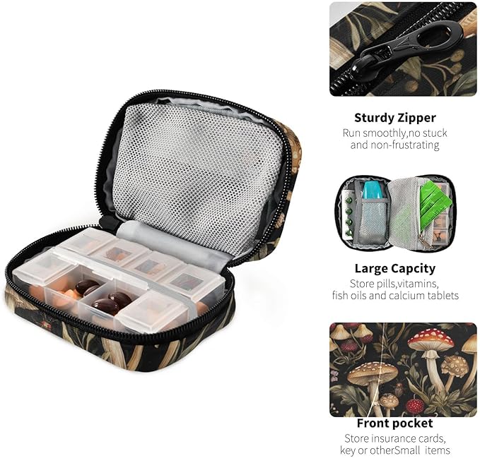 Travel Pill Case Mushrooms Berries Leaf and Bugs Weekly Small Pill Box 7 Day Pill Box Pill Organizer Bag