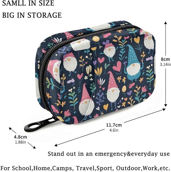 Fustylead Cute Gnome Hearts and Flowers Travel Pill Organizer Bag with Zipper Small Pill Box 7 Day Pill Case for Purse Storage Weekly Vitamin Medicine Supplement
