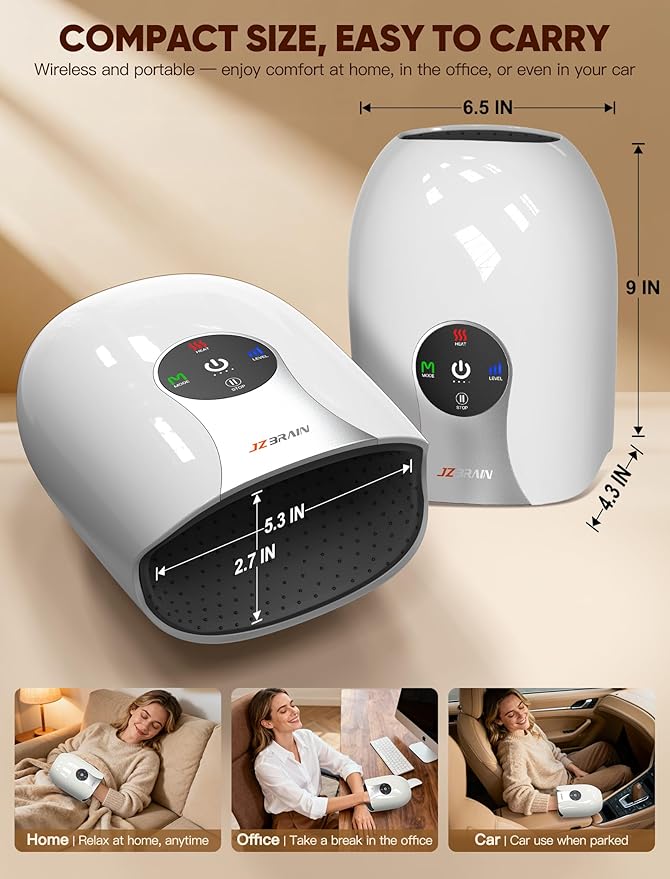 Hand Massager with Heat and Compression : Cordless Heated Hand and Wrist Massager for Palm, Fingers, and Comfort Relief – 4 Modes 6 Intensities, Portable Rechargeable, Wife Husband (White)